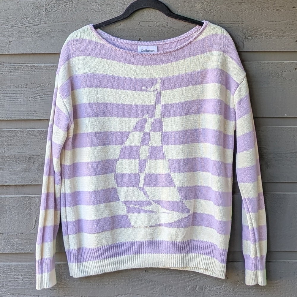 Callahan Knitwear Preppy Pastel Stripe Sailboat Boat Neck Sweater Size Small - Picture 5 of 5